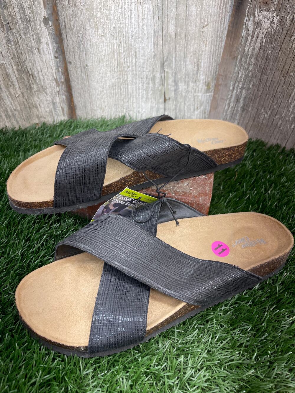 Western Chief Women's Metallic Cross Sandals Black Size 11